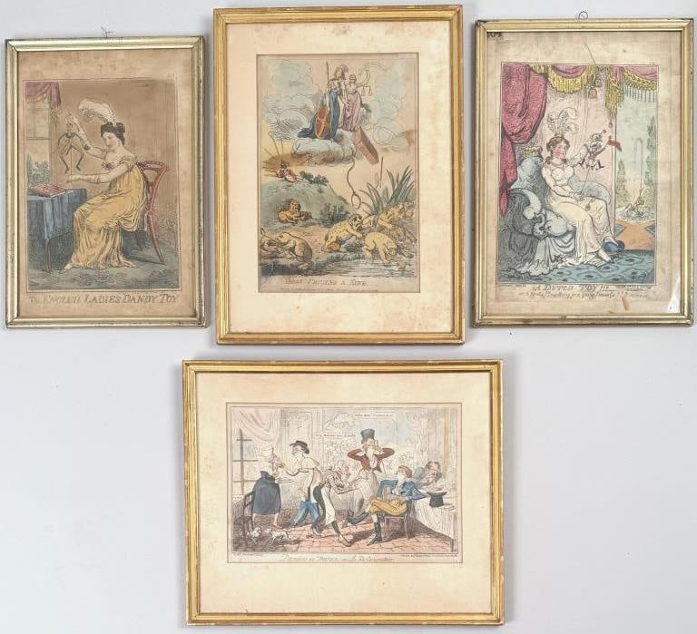Four Framed English Satirical Prints: of various subjects, including several by George Cruikshank, 19th century. Largest: 19" high, 14" wide. Soiling and staining to most; not examined out of frame.