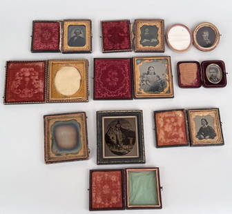 Group Early Photographic Images: including daguerreotypes, tintypes and two empty cases. Largest: 3 5/8" high, 3 1/4" wide. Wear, losses, detached covers.