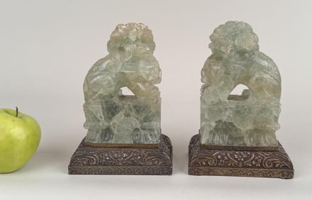 Pair Chinese Green Quartz Foo Dog Bookends