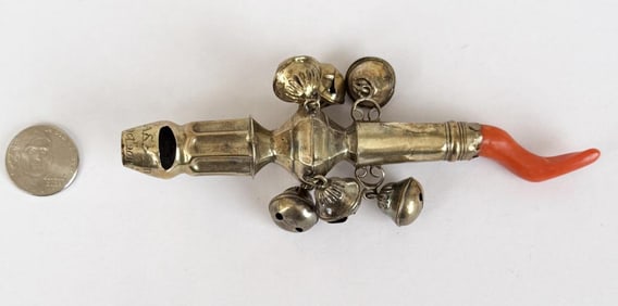 Dated 1774 Silver & Coral Baby Rattle