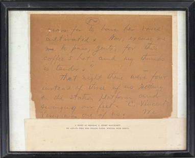 O. Henry, Original Pencil Autographed Manuscript Leaf: O. Henry (William Sydney Porter). Original pencil autograph manuscript leaf from his short story ?A Poor Rule?. Apparently first published in Everybody?s Magazine, August 1909, p 234. Illustrated by J