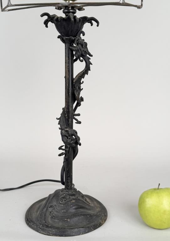 Japanese Bronze Dragon Candlestick, As Lamp: with naturalistic base, the column encircled by finely detailed dragon, later electrified as lamp. Candlestick: 15" high, 6" diameter base.