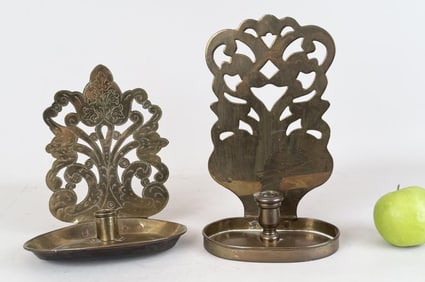 Two Antique Continental Pierced Brass Wall Sconces