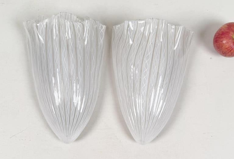 Pair Venetian Latticino Glass Shades: for wall sconces. 11 1/2" high, 7 1/2" wide, 3 1/2" deep. Soiling.