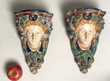 Pair Majolica Ceramic Figural Wall Brackets