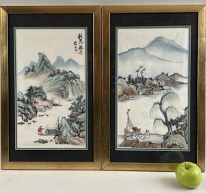Pair Contemporary Chinese Framed Painted Panels