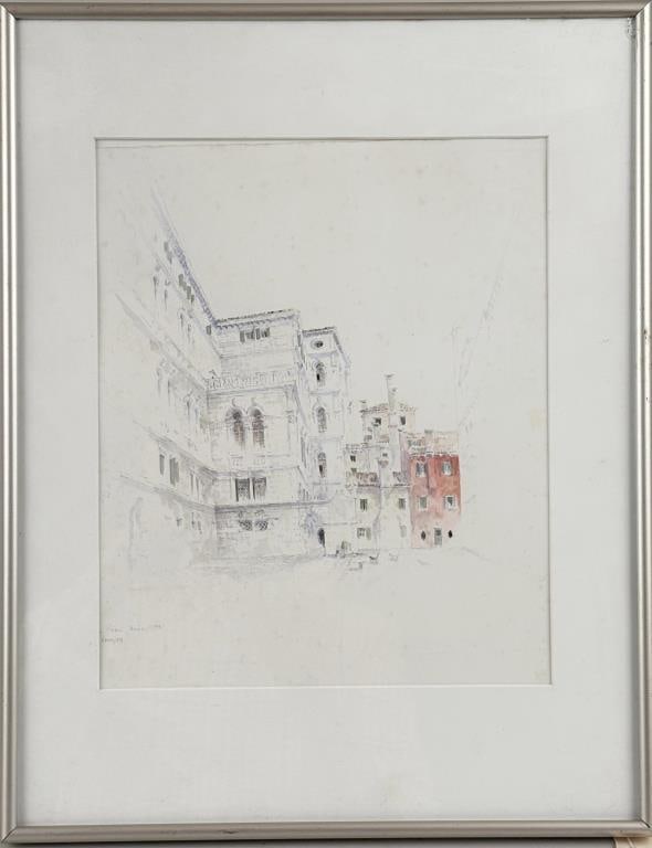 Lovejoy, W/C Venice Scene: Tim Lovejoy (Amer. b.1943), view near the Palazzo Pisani, signed lower left and dated 1986. Frame: 18" high, 14" wide; sight" 12" high, 9 7/8" wide. Not examined out of frame.