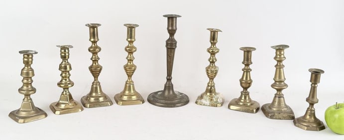 Group Nine Antique Brass Candlesticks