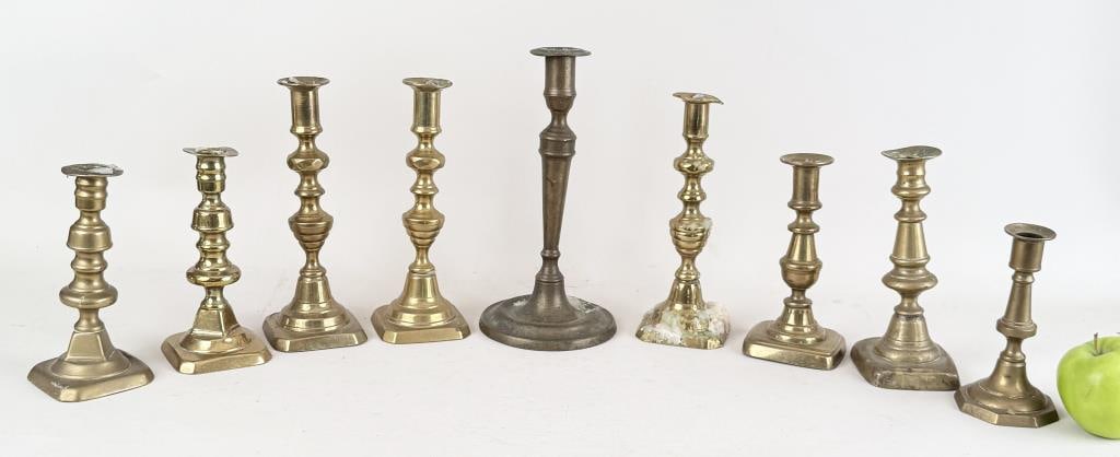 Group Nine Antique Brass Candlesticks (1 of 7)