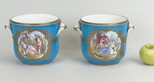Pair French Porcelain Cache Pot, Sevres Mark