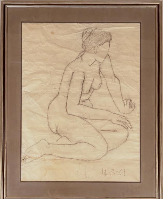 Osborne, Framed Charcoal Drawing, Female Nude: large scale charcoal drawing on paper of female nude seated, facing left, dated March 14, 1961. Frame: 43" high, 34 1/2" wide. Not examined out of frame. Significant crinkling to paper throughout. Pro