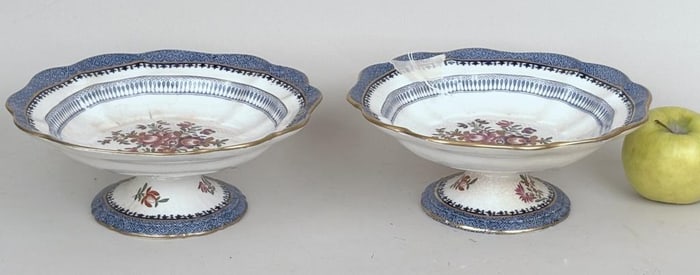 Pair Booth China Lowestoft Border Pattern Tazzas