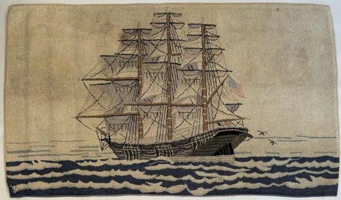 Vintage Large Folk Art Hooked Rug Clipper Ship