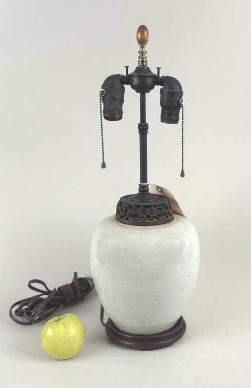 White Porcelain Chinese Vase, As Lamp: fitted with openwork carved wood lid and wooden base. Vase: 10 1/2" high, 7 1/2" diameter; overall lamp 21" high. Soiling.