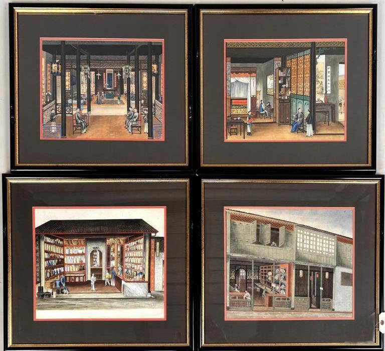 Four Framed Chinese W/C Interior Scenes