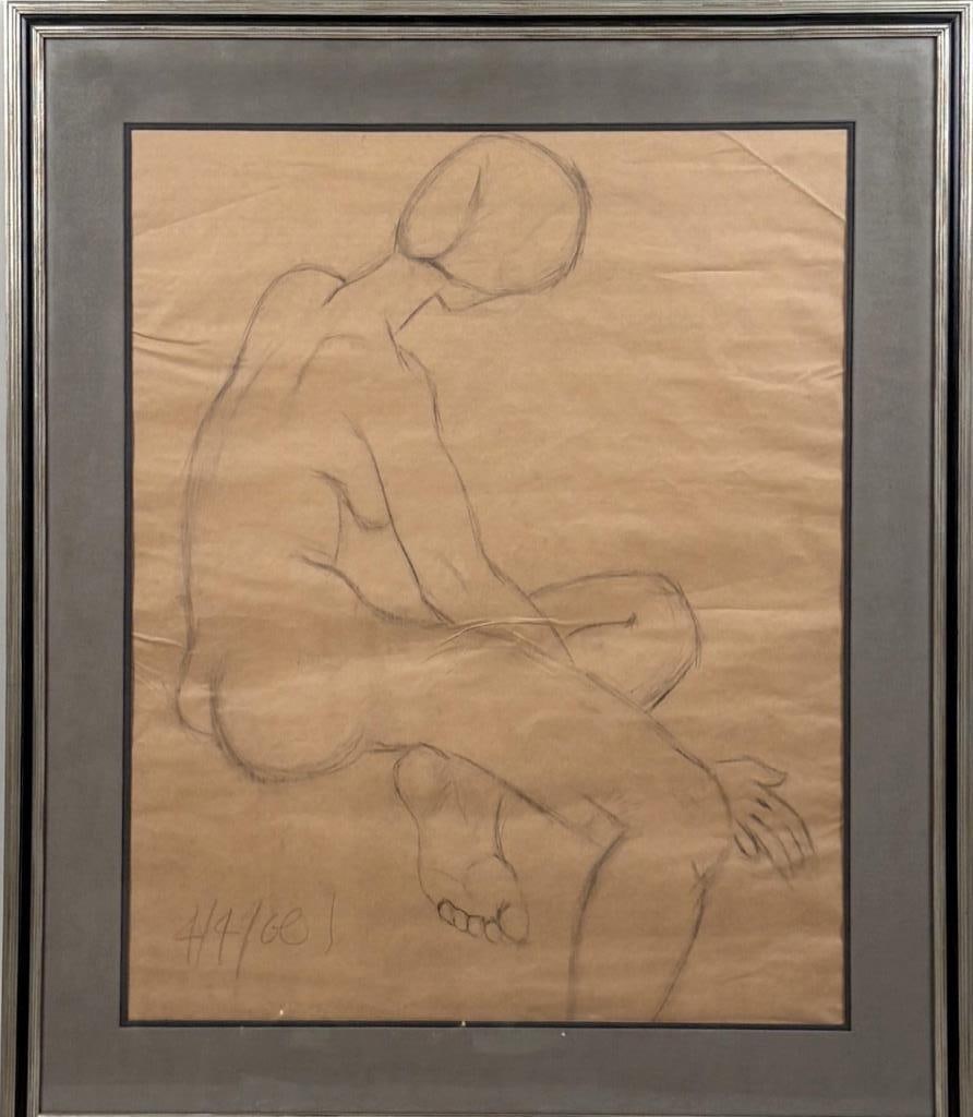 Osborne, Framed Charcoal Drawing, Female Nude: large scale charcoal drawing on brown paper of seated female nude, facing away, dated April 4, 1960. Frame: 43" high, 36" wide. Not examined out of frame. Crease across upper right corner. Professiona