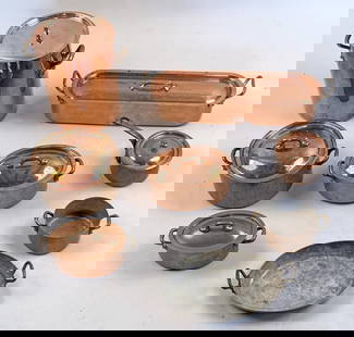 Group French Copper Cookware: includes Mauviel fish cooker and small pot, others marked "Made in France". Largest: 11" high, 8 1/2" diameter. Oxidation, use wear, a few lids possibly mismatched. Property from the Estate of Bobbie