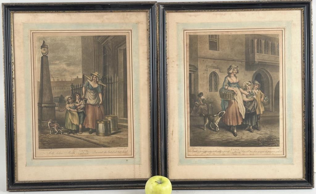 Pair English "Cries of London" Engravings: plates 1 and 2, after Francis Wheatley, engraved by Luigi Schiavonetti, hand colored. Frame: 22" high, 18" wide. Sight" 15" high, 11" wide. Foxing, soiling, not examined out of frame.