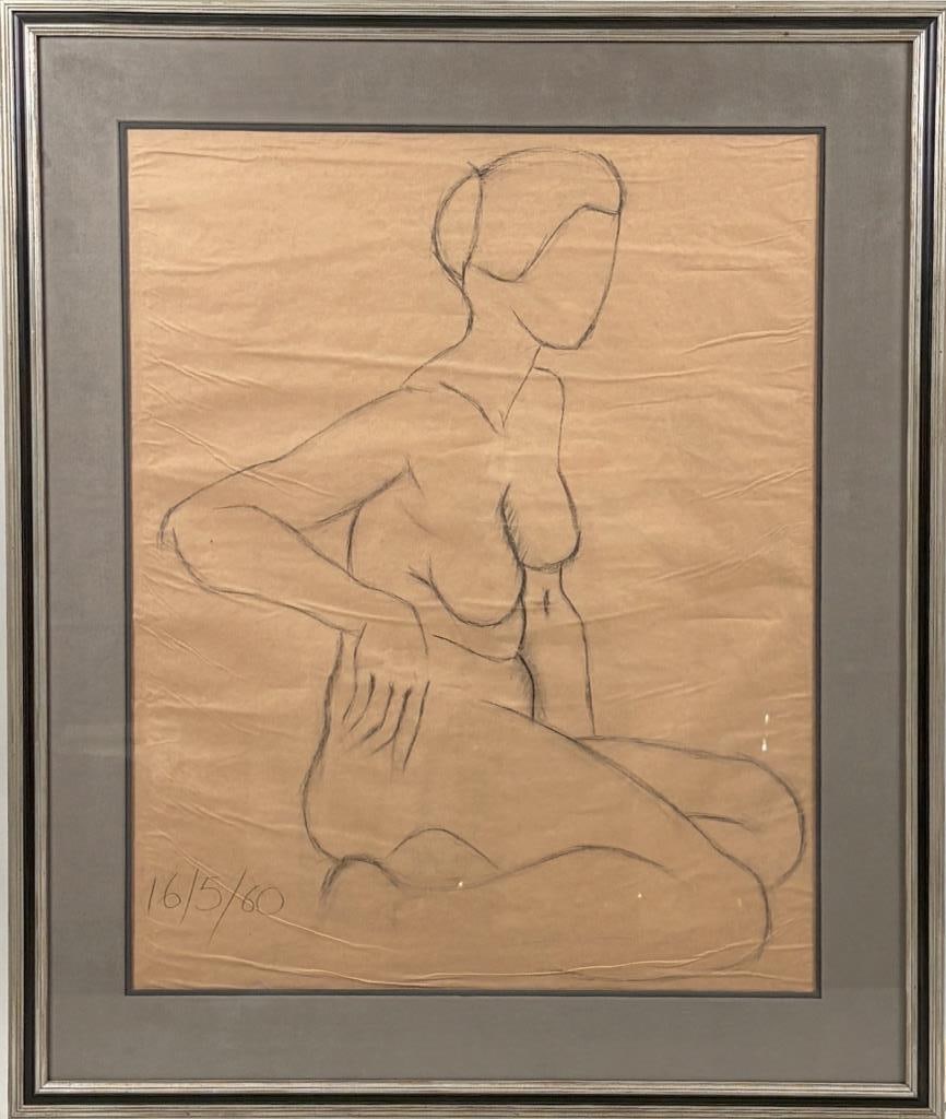 Osborne, Framed Charcoal Drawing, Female Nude: large scale charcoal drawing on brown paper of seated female nude facing left resting on elbow, dated May 16, 1960. Frame: 42" high, 35" wide. Not examined out of frame. Some creasing to paper. Profes