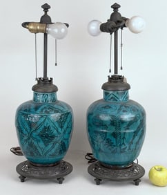 Pair Persian Blue Ceramic Jars, As Lamps