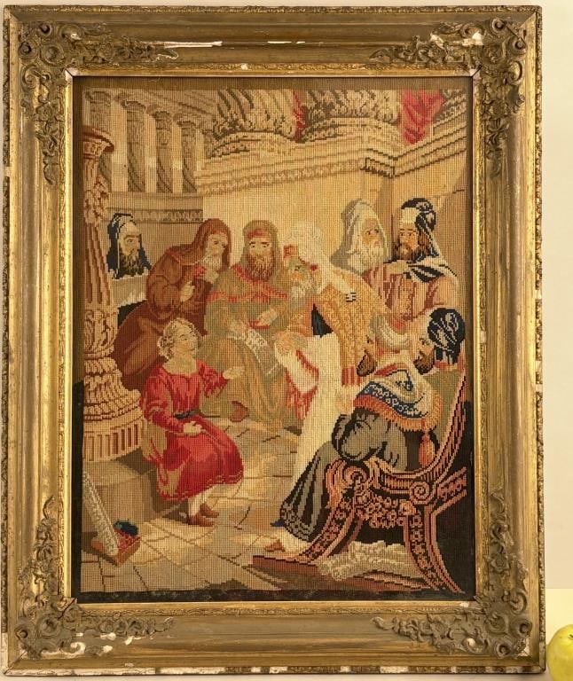 Framed Needlepoint, Jesus In The Temple: the new testament scene within a carved giltwood frame. Frame size: 29" high, 24" wide. Frame losses.
