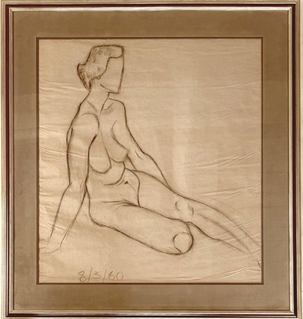 Osborne, Framed Charcoal Drawing, Female Nude: large scale charcoal drawing on brown paper of seated female nude leaning on her right arm, dated March 8, 1960. Frame: 39 1/2" high, 36 1/2" wide. Not examined out of frame. Crinkling and ripples thr