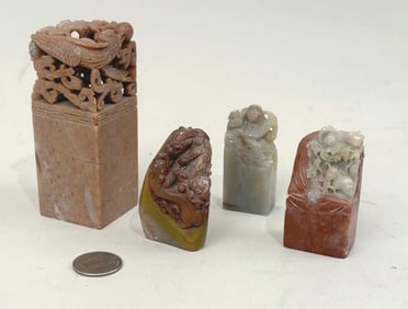 Four Chinese Figural Carved Hardstone Seals