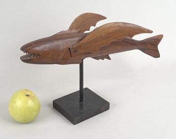 Folk Art Signed Carved Flying Fish Sculpture