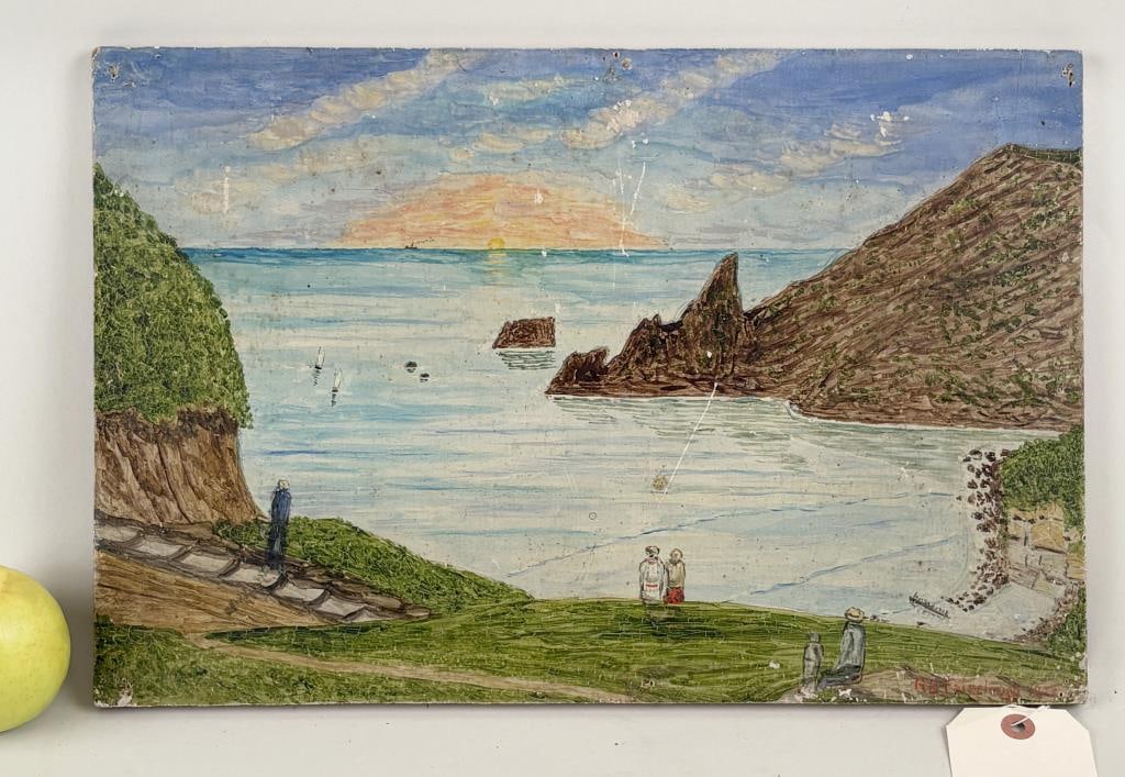 R.B. Fairclough, O/B Pitcairn Island, Bounty Bay: Richard Bentley Fairclough (Br. active earlier 20th c.) Pitcairn island cliff top view signed and dated lower right, with extensive inscription verso, dated February 3rd, 1928. 11 1/2" high, wide. Sca