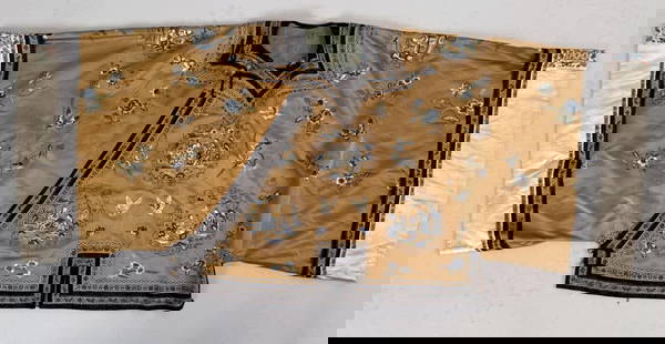 Chinese Embroidered Silk Short Robe: Chinese silk woman's short robe with figural medallions, butterflies and flowers, triple brocade border, on a gold ground. 30" high, 47" wide. Several loose threads. Property from the Estate of Bobbie
