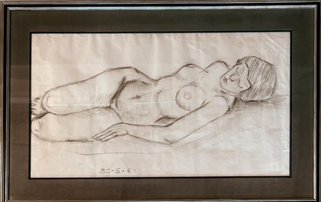 Osborne, Framed Charcoal Drawing, Female Nude: large scale charcoal drawing on paper of reclining female nude, dated May 30, 1961. Frame: 37" high, 30 1/2" wide. Not examined out of frame. Some waviness and crinkling. Professionally framed and mat