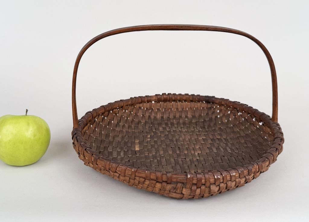 Shaker Low Basket: 7 3/4" high, 12" wide, 11 1/2" deep. Losses, skewed shape.