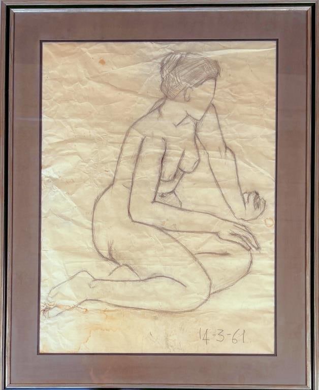 Osborne, Framed Charcoal Drawing, Female Nude: large scale charcoal drawing on paper of seated female nude, draft sketch in background right, dated September 13, 1961. Frame: 47" high, 37 3/4" wide. Not examined out of frame. Some crinkling along 