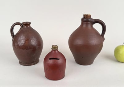 Two Redware Jugs, Redware Bank