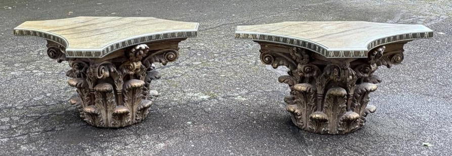 Pair Historic Terracotta Corinthian Capital Tables: important pair of historic large terra cotta foliate capitals with incurved triangular faux painted custom designed tops. According to the owner, the capitals trace their origin to Rhode Island circa