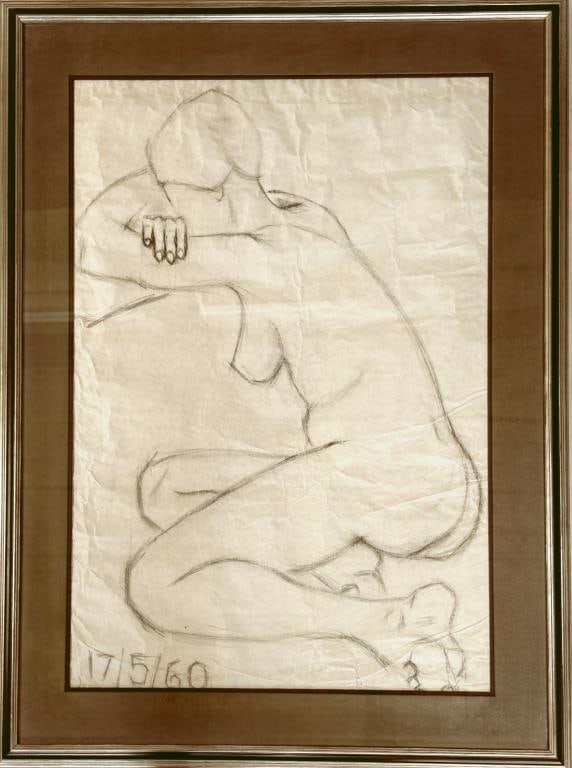 Osborne, Framed Charcoal Drawing, Female Nude: large scale charcoal drawing on paper of seated female nude holding her head in folded arms, dated May 17, 1960. Frame: 45" high, 33 1/2" wide. Not examined out of frame. Some crinkling, creasing and 