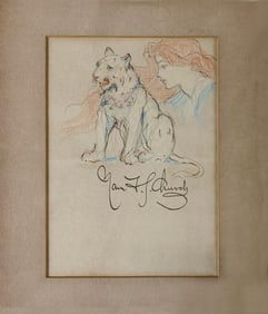 F.J. Church, Signed Small Sketch, Girl & Cheetah