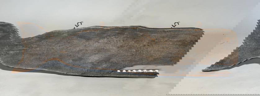 Folk Art Vintage Carved Wood Whale Trade Sign: rustic wooden whale facing right, with shell teeth. 12" high, 50" long, 1 3/4" thick. Expected age and use wear, a couple of scuffs, old or original patch under eye.
