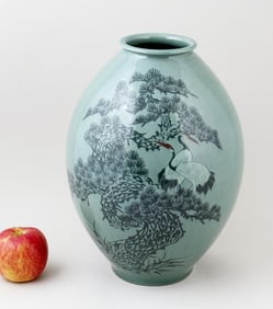 Korean Celadon Pottery Vase, Cranes & Pine Trees