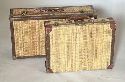 Two Vintage Leather, Rattan & Brass Valices