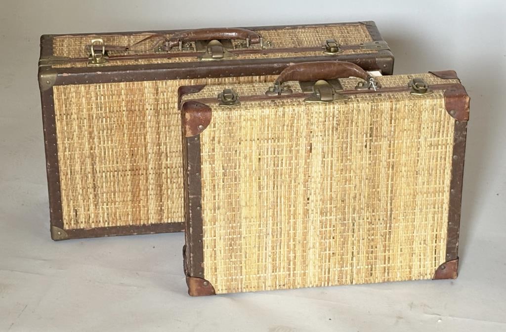 Two Vintage Leather, Rattan & Brass Valices (1 of 14)