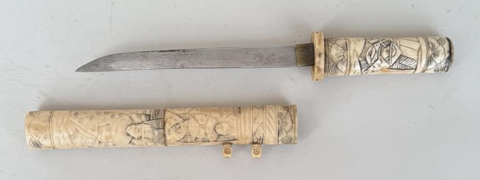 Japanese Carved Bone Tanto Dagger & Sheath