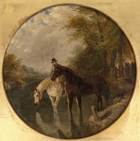 Attr. Herring O/C Man & Two Horses Watering