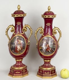 Pair Three Part Royal Vienna Vases, Bases & Covers