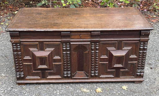 Early English Paneled Oak Dowery/Blanket Chest: with lift lid, paneled front and sides. Late 17th or early 18th century. 23" high, 48" wide, 24" deep. Expected age and use wear, missing feet.