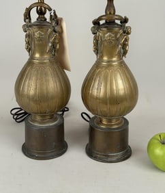 Pair Grand Tour Bronze Figural Vessels, As Lamps