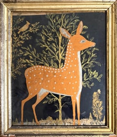 Framed Folk Art Reverse Painting On Glass of Deer
