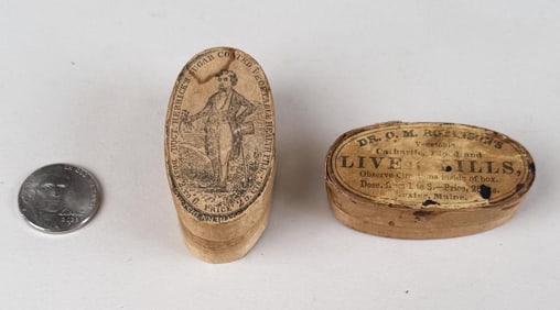 Two Small Wooden Patent Medicine Oval Boxes