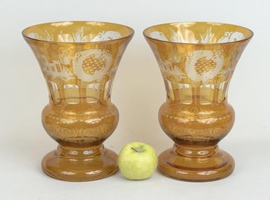 Pair Bohemian Blown Glass Amber Vases