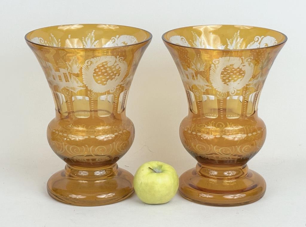 Pair Bohemian Blown Glass Amber Vases (1 of 5)